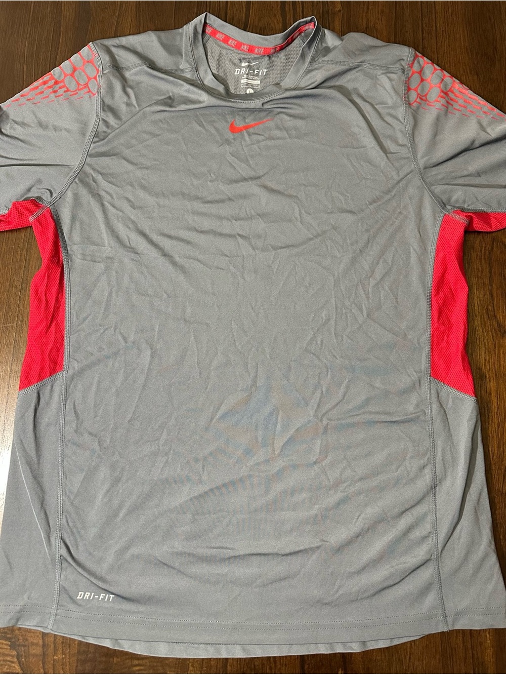 Nike Gray Short Sleeve Dri-FIT Shirt with Red Accents